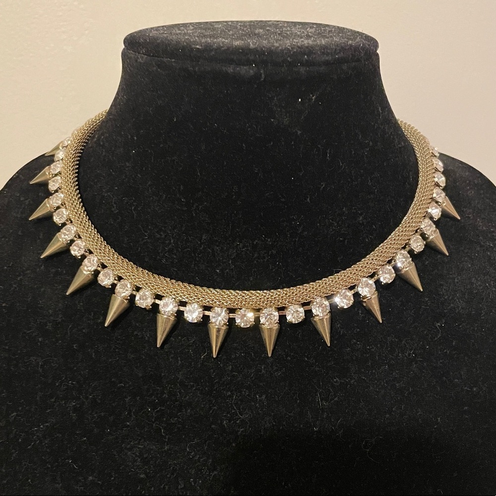 Rhinestone & Gold Spike Fashion Statement Necklace 16”-20” Length